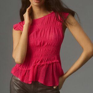 By Anthropologie Sheer Pink Smocked Ruffled Asymmetrical Tee Shirt Tank- Size M